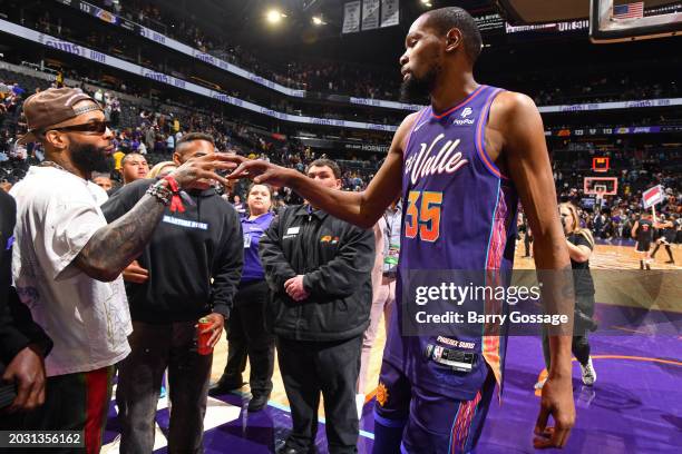 Kevin Durant of the Phoenix Suns and Odell Beckham Jr. Embrace after the game against the Los Angeles Lakers on February 25, 2024 at Footprint Center...