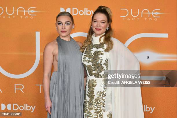 British actress Florence Pugh and US-French actress Lea Seydoux arrive for the premiere of "Dune: Part Two" at Josie Robertson Plaza in Lincoln...