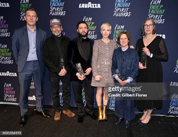 Jonathan Raymond, James Le Gros, John Magaro, Michelle Williams, Kelly Reichardt and Gayle Keller win the Robert Altman Award for "Showing Up" at the...