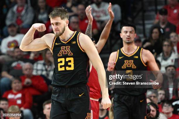 Parker Fox of the Minnesota Golden Gophers reacts after scoring against the Nebraska Cornhuskers in the first half at Pinnacle Bank Arena on February...