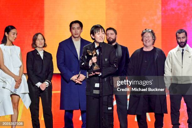 Greta Lee, Pamela Koffler, Teo Yoo, Celine Song, John Magaro, Christine Vachon and David Hinojosa accept the award for Best Feature for "Past Lives"...