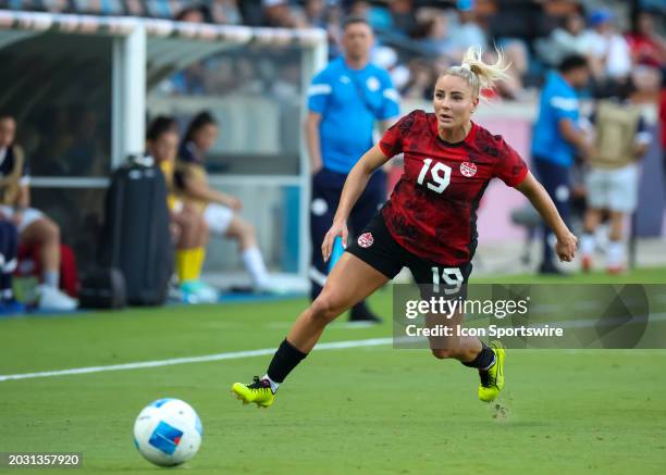 Canada forward Adriana Leon dribbles the ball in the second period during the CONCACAF Womens Gold Cup Group C match between Paraguay and Canada on...