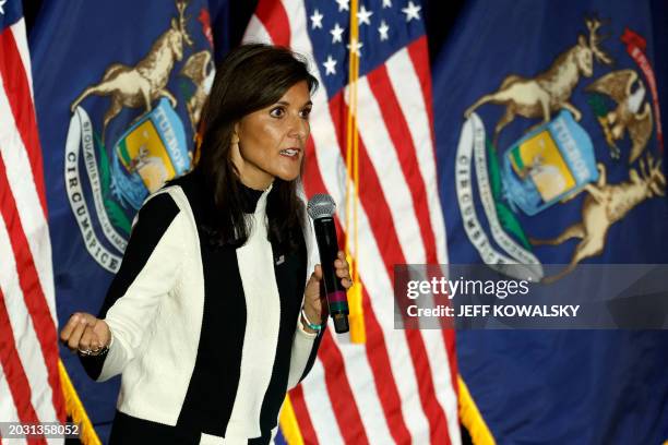 Republican presidential hopeful and former UN Ambassador Nikki Haley speaks at a rally in Troy, Michigan, on February 25, 2024. The Michigan...