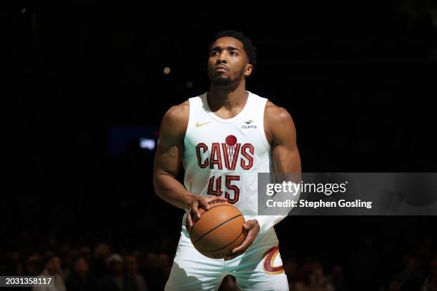 Donovan Mitchell of the Cleveland Cavaliers shoots a free throw during the game against the Washington Wizards on February 25, 2024 at Capital One...