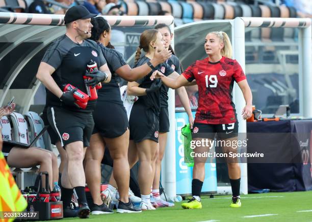 Canada forward Adriana Leon leaves the pitch after having scored a hat trick during the CONCACAF Womens Gold Cup Group C match between Paraguay and...