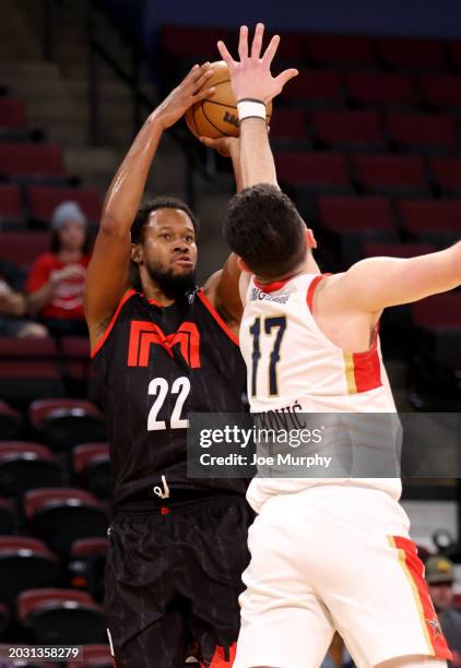 Rodney Hood of the Memphis Hustle three point basket during the game against the Birmingham Squadron during an NBA G-League game on February 25, 2024...