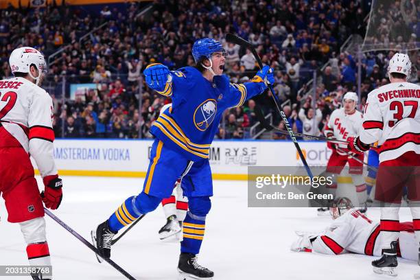 Owen Power of the Buffalo Sabres celebrates his third period goal against Spencer Martin of the Carolina Hurricanes during an NHL game on February...