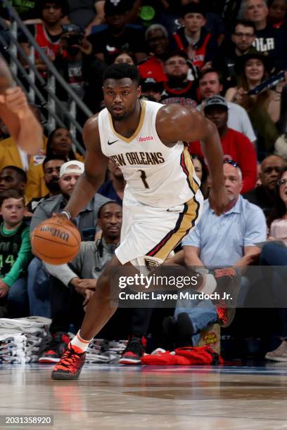 Zion Williamson of the New Orleans Pelicans dribbles the ball during the game against the Chicago Bulls on February 25, 2024 at the Smoothie King...