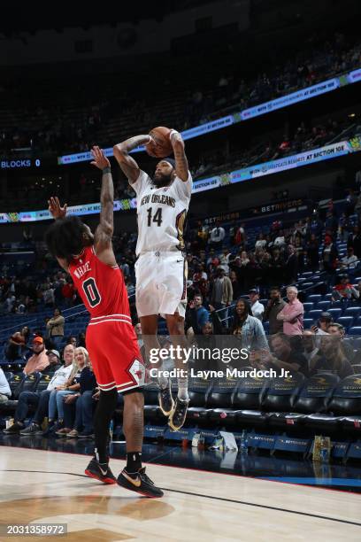 Brandon Ingram of the New Orleans Pelicans shoots a three point basket during the game against the Chicago Bulls on February 25, 2024 at the Smoothie...