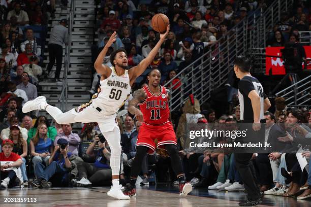 Jeremiah Robinson-Earl of the New Orleans Pelicans grabs a rebound during the game against the Chicago Bulls on February 25, 2024 at the Smoothie...