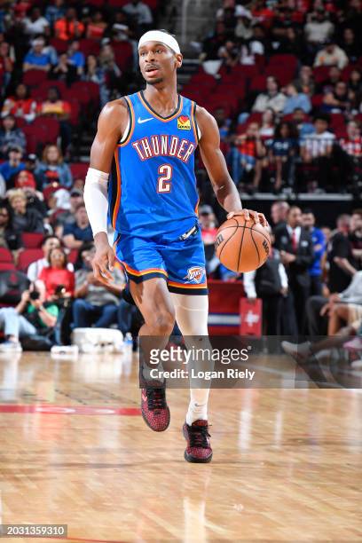 Shai Gilgeous-Alexander of the Oklahoma City Thunder handles the ball during the game on February 25, 2024 at the Toyota Center in Houston, Texas....