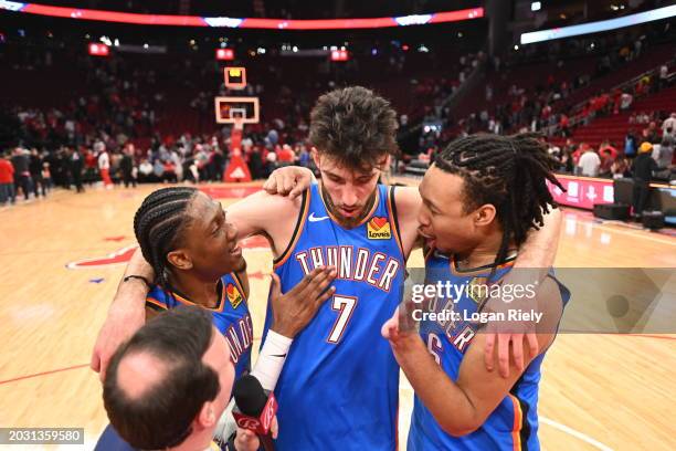 Chet Holmgren of the Oklahoma City Thunder talks to the media after the game on February 25, 2024 at the Toyota Center in Houston, Texas. NOTE TO...