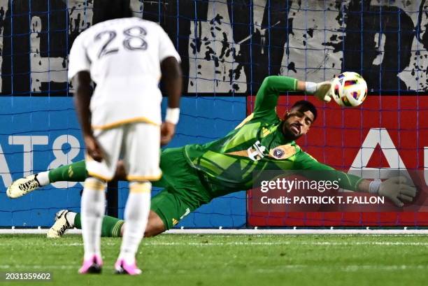 Inter Miami's goalkeeper Drake Callender makes a save during the MLS football match between LA Galaxy and Inter Miami FC at Dignity Health Sports...