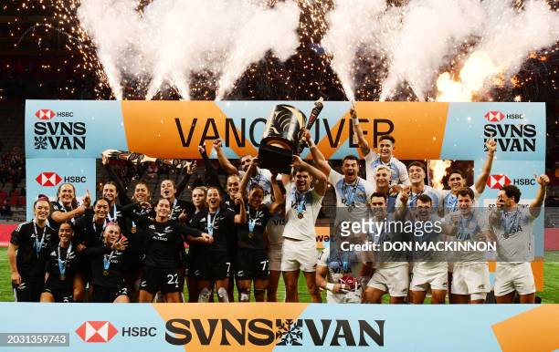 New Zealand's women's team and Argentina's men's team celebrate with their trophies after winning the 2024 HSBC Canada Sevens women's and men's rugby...