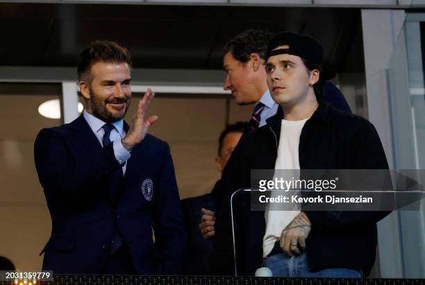 David Beckham and Brooklyn Beckham attend the soccer match between Inter Miami against the Los Angeles Galaxy at Dignity Health Sports Park on...