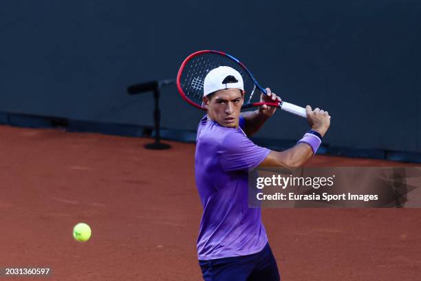 Sebastian Baez of Argentina plays a backhand against Mariano Navone of Argentina during the ATP 500 Rio de Janeiro 2024 Final match at Jockey Club...