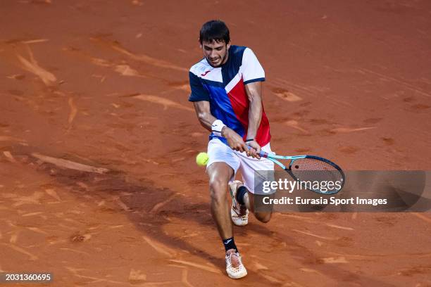 Mariano Navone of Argentina plays a backhand against Sebastian Baez of Argentina during the ATP 500 Rio de Janeiro 2024 Final match at Jockey Club...