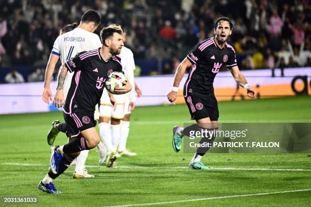 Inter Miami FC's Argentinian forward Lionel Messi celebrates scoring a goal against the LA Galaxy at Dignity Health Sports Park during their MLS...