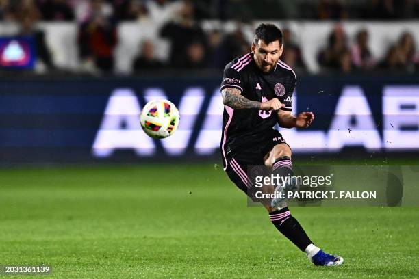 Inter Miami FC's Argentinian forward Lionel Messi kicks the ball during the MLS football match between LA Galaxy and Inter Miami FC at Dignity Health...