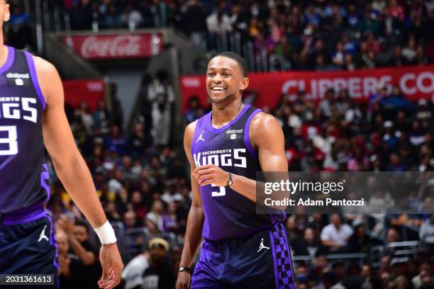 De'Aaron Fox of the Sacramento Kings smiles against the LA Clippers on February 25, 2024 at Crypto.Com Arena in Los Angeles, California. NOTE TO...