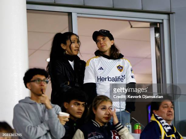 Women National Team members Tobin Heath and Christen Press attend the soccer match between Inter Miami and the Los Angeles Galaxy at Dignity Health...