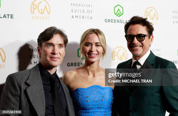 Irish actor Cillian Murphy, US-British actress Emily Blunt and US actor Robert Downey Jr. Arrive for the 35th Annual Producers Guild Awards at the...