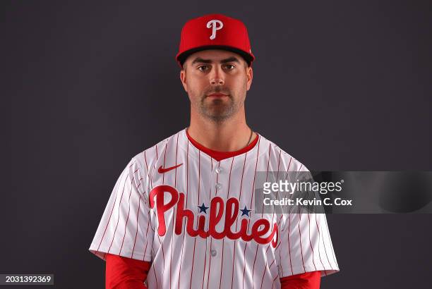 Whit Merrifield of the Philadelphia Phillies poses for a portrait during photo day at BayCare Ballpark on February 22, 2024 in Clearwater, Florida.