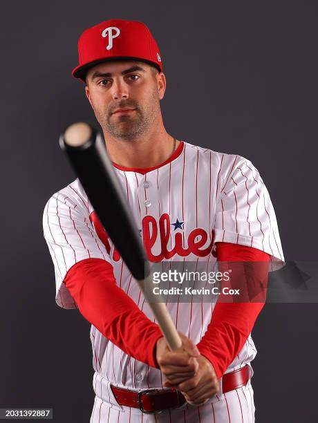Whit Merrifield of the Philadelphia Phillies poses for a portrait during photo day at BayCare Ballpark on February 22, 2024 in Clearwater, Florida.