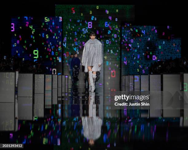 Model walks the runway at the Anteprima fashion show during the Milan Fashion Week Womenswear Fall/Winter 2024-2025 on February 22, 2024 in Milan,...