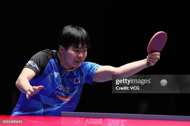 Sora Matsushima of Team Japan competes in the quarter-final match against Fan Zhendong of Team China on day seven of the ITTF World Team Table Tennis...