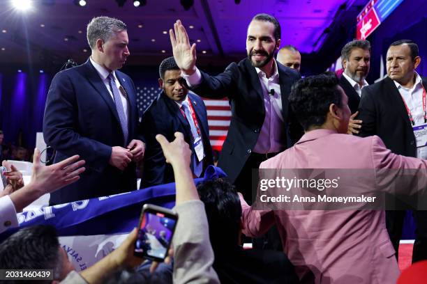 President of El Salvador Nayib Bukel greets attendees after speaking at the Conservative Political Action Conference at Gaylord National Resort Hotel...