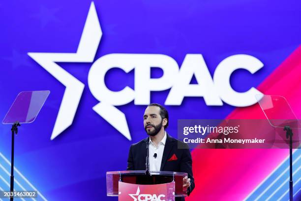 President of El Salvador Nayib Bukel speaks at the Conservative Political Action Conference at the Gaylord National Resort Hotel And Convention...