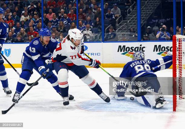 Andrei Vasilevskiy of the Tampa Bay Lightning makes the first period stop on T.J. Oshie of the Washington Capitals at Amalie Arena on February 22,...