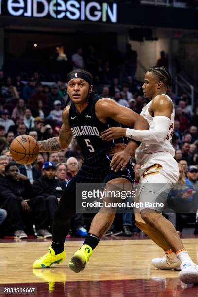 Paolo Banchero of the Orlando Magic drives to the basket during the first quarter of the game against the Cleveland Cavaliers at Rocket Mortgage...