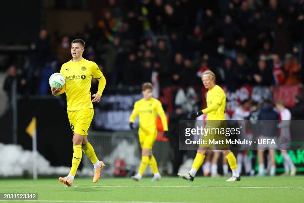 Oscar Kapskarmo of FK Bodo/Glimt reacts after Kenneth Taylor of AFC Ajax celebrates scoring his team's second goal during the UEFA Europa Conference...