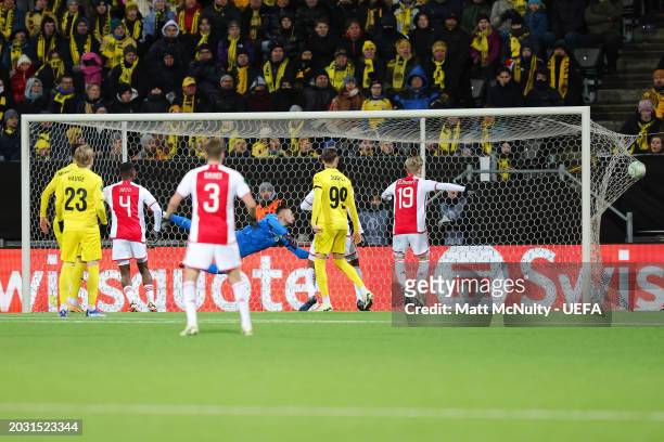 Kjetil Haug of FK Bodo/Glimt fails to save a long range shot from Kenneth Taylor of AFC Ajax resulting in their teams second goal during the UEFA...