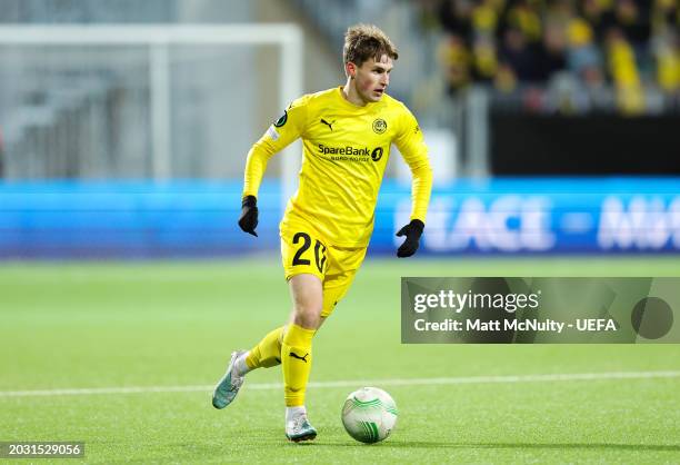 Fredrik Sjovold of FK Bodo/Glimt runs with the ball during the UEFA Europa Conference League 2023/24 knockout round play-offs second leg match...