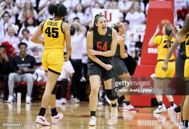 Mackenzie Holmes of the Indiana Hoosiers celebrates in the second half against the Iowa Hawkeyes at Simon Skjodt Assembly Hall on February 22, 2024...