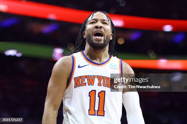 Jalen Brunson of the New York Knicks reacts during the third quarter against the Philadelphia 76ers at the Wells Fargo Center on February 22, 2024 in...