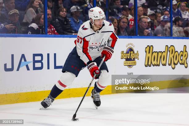 Trevor van Riemsdyk of the Washington Capitals against the Tampa Bay Lightning during the second period at Amalie Arena on February 22, 2024 in...