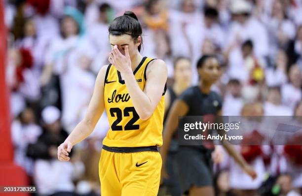 Caitlin Clark of the Iowa Hawkeyes walks down the court after missing a shot in the second half of the 86-69 loss to the Indiana Hoosiers at Simon...