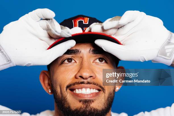 Gabriel Arias of the Cleveland Guardians sits for a portrait at Goodyear Ballpark on February 22, 2024 in Goodyear, Arizona.