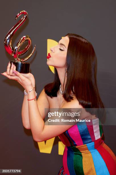 Angela Aguilar poses with the Mariachi/Ranchera Song of the Year award during Univision's 36th Premio Lo Nuestro at Kaseya Center on February 22,...