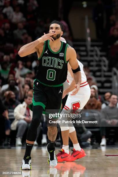 Jayson Tatum of the Boston Celtics celebrates during the second half against the Chicago Bulls at the United Center on February 22, 2024 in Chicago,...