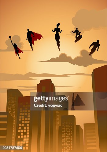 Vector Superhero Team Silhouette Flying Floating Above City Buildings Stock Illustration Vector Superhero Team Silhouette Flying Floating Above City Buildings Stock Illustration