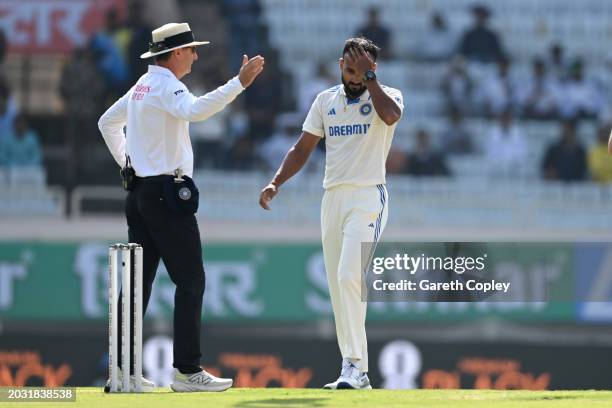 Akash Deep of India reacts after his wicket of Zak Crawley of England is overturned for a no ball during day one of the 4th Test Match between India...