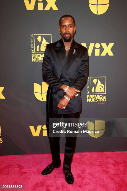 Safaree pose in the Press Room at the Univision's 36th Premio Lo Nuestro at Kaseya Center on February 22, 2024 in Miami, Florida.