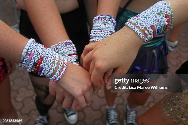 Taylor Swift fans, also known as "Swifties", show off their friendship bracelets gather outside Accor Stadium for Taylor Swift's first Sydney concert...