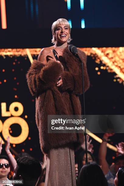 Tini speaks onstage during Univision's 36th Premio Lo Nuestro at Kaseya Center on February 22, 2024 in Miami, Florida.