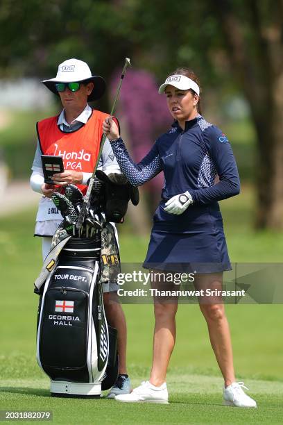Georgia Hall of England prepares to play a shot on the 1st hole during the second round of the Honda LPGA Thailand at Siam Country Club on February...